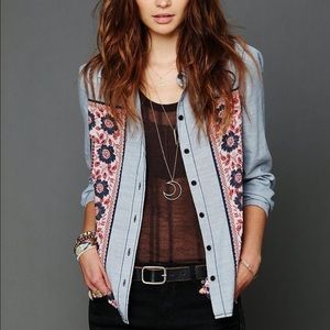 Free People Chambray Banadana Inset Button Down