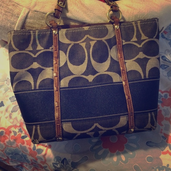 Coach denim stripped tote