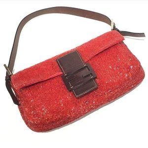 Authentic Red Hand Beaded Fendi Baguette Bag