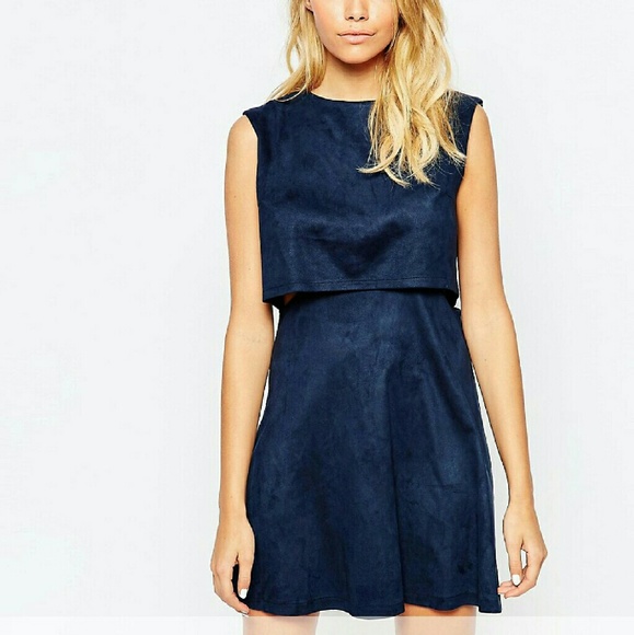 Fashion Union navy blue faux suede crop cut dress