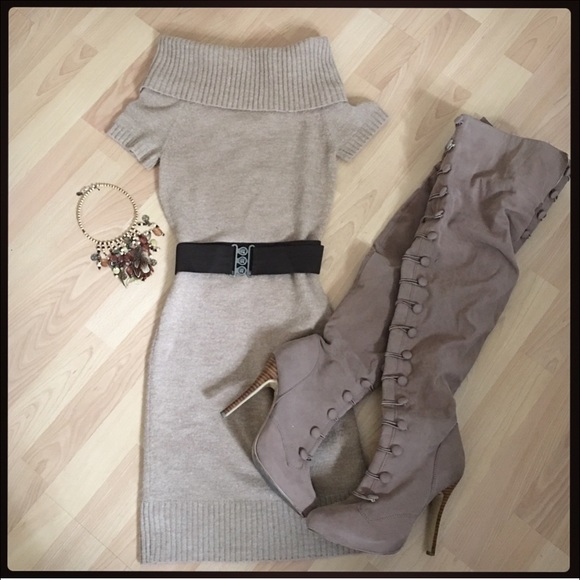 Tan off the shoulder sweater dress