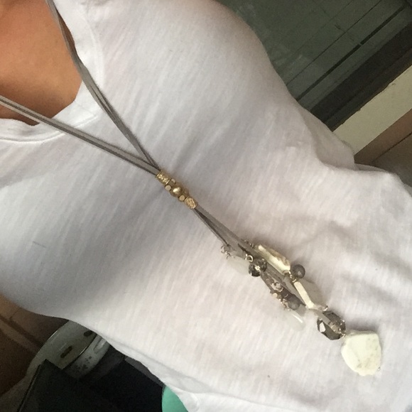 Beige Stone and Grey Faux Suede Necklace - Picture 2 of 2