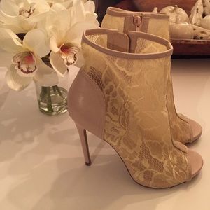 Lace ankle booties peep toe heel blush pink