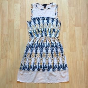 Blue & Yellow Ikat Dress w/ Sheer Shoulders & Hem