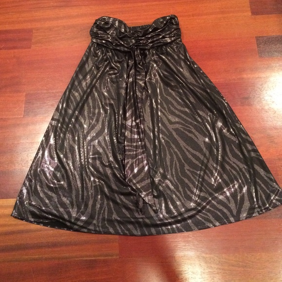 Shiny silver and black strapless dress