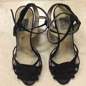 Barneys Coop suede strappy wedge shoes.