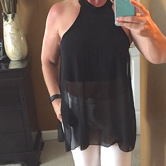 BLACK RACER BACK HALTER TOP W/SHEER OVERLAY - Picture 4 of 4