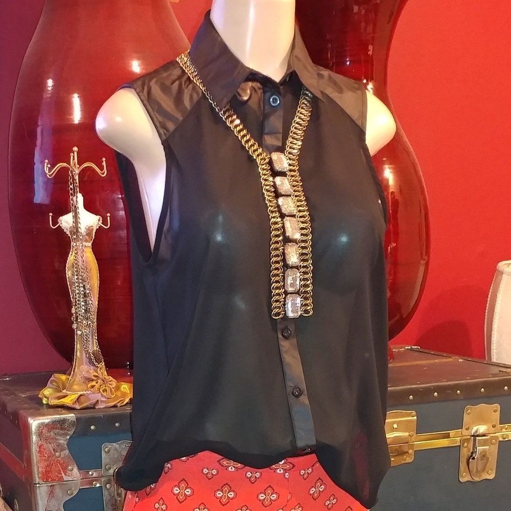 Forever 21 Sheer blouse with faux leather trim