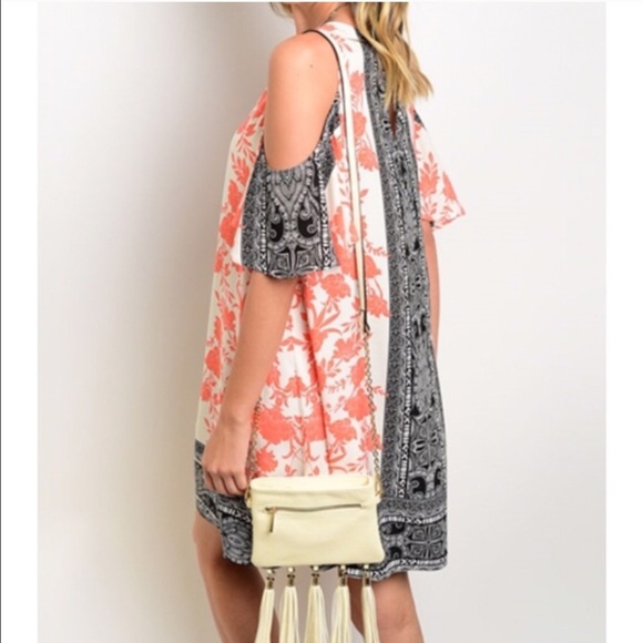 Salmon & Black Cold Shoulder Dress - Picture 2 of 4