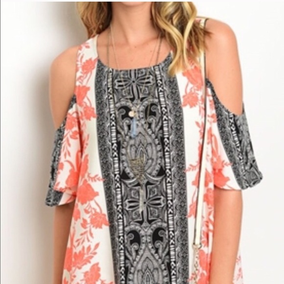 Salmon & Black Cold Shoulder Dress - Picture 3 of 4