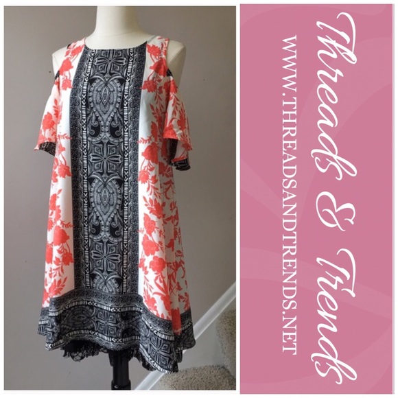 Salmon & Black Cold Shoulder Dress - Picture 4 of 4