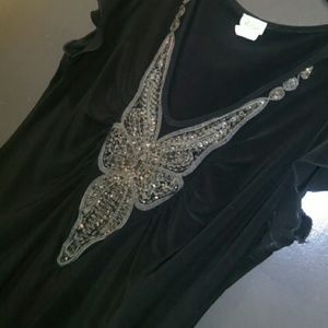 Stunning v neck polyester top with gold sequins