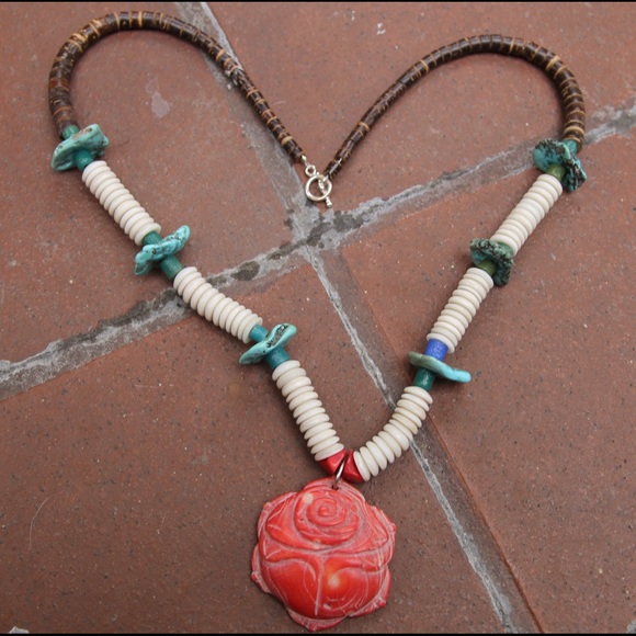 Authentic Turquoise + Coral Carved Rose Necklace