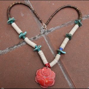 Authentic Turquoise + Coral Carved Rose Necklace