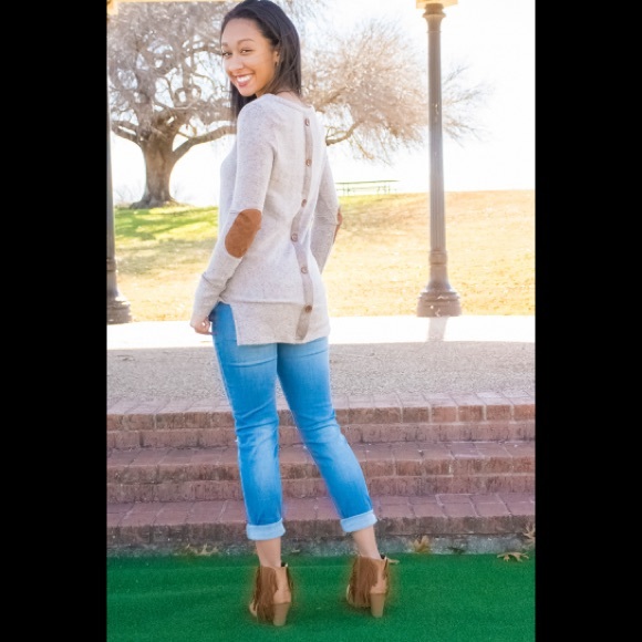 Long Sleeved Elbow Patch Back Button Sweater