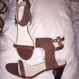 Tan, studded, heeled sandals. Never worn, size 11w