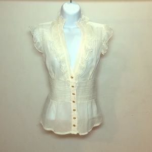 Bebe Ruffle Short Sleeve 100% Silk Blouse