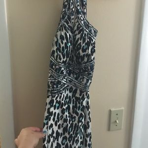Turquoise leopard print sequence dress