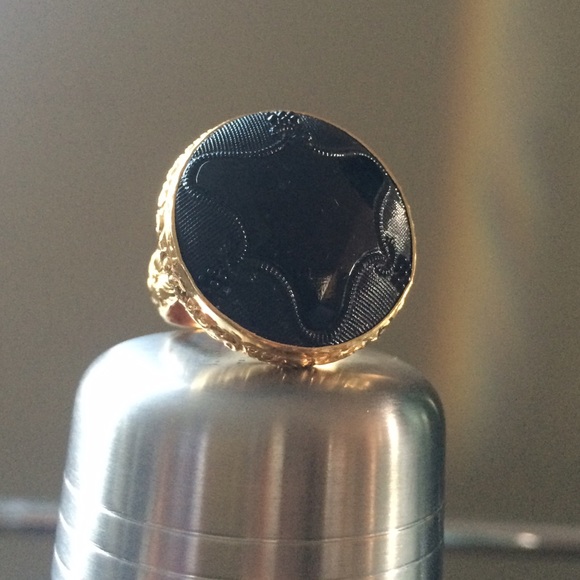 Rare Antique Jet Black Glass Button 925 Ring/8 - Picture 2 of 3