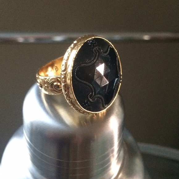 Rare Antique Jet Black Glass Button 925 Ring/8 - Picture 3 of 3