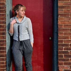 Cropped cowl neck gray sweater