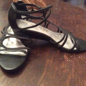 Black low wedge strappy sandals