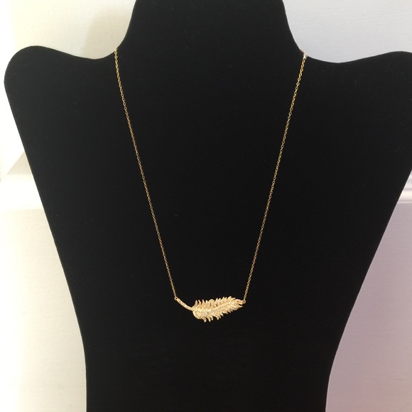 New Sterling Silver Gold Tone CZ Feather Necklace - Picture 2 of 2