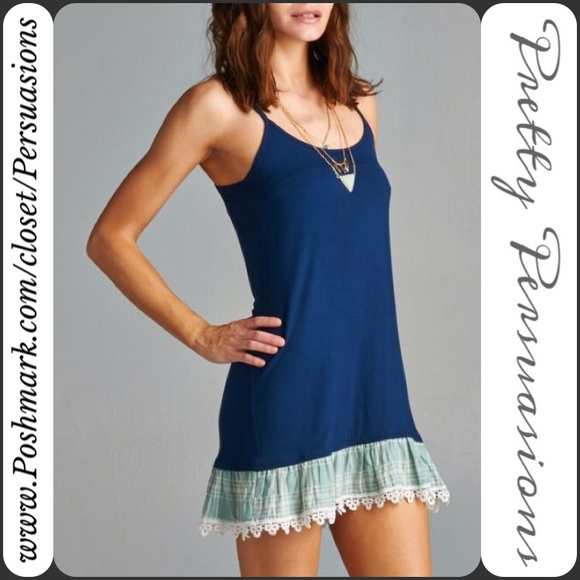 Navy Plaid Crochet Ruffle Cami Tunic - Picture 2 of 3