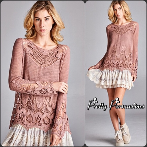 Sale‼️ Blush Mauve Crochet Vintage Knit Top - Picture 3 of 4