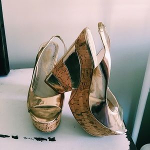 Alice + Olivia Gold Leather Slingback Cork Wedge