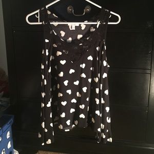 Black Tank Top w/ White Hearts and Lace Trimming