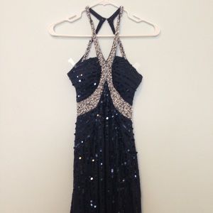 Backless dark blue prom dress