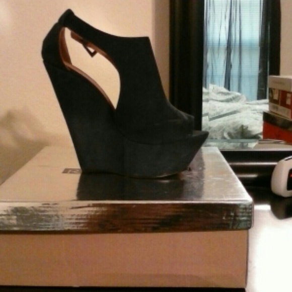 Navy blue suede wedge heels