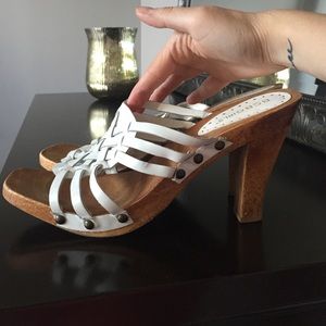 BCB Girls white leather wooden heels