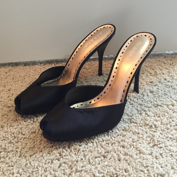 BCB girls black satin peep toe heel