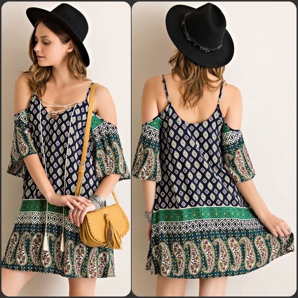 SOLD OUT Paisley Border Print Cold Shoulder Dress - Picture 3 of 4
