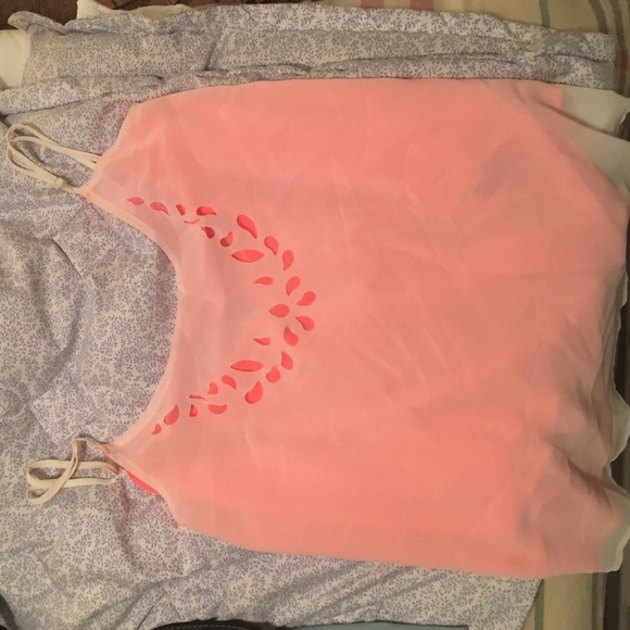 White over pink chiffon tank. Open back.