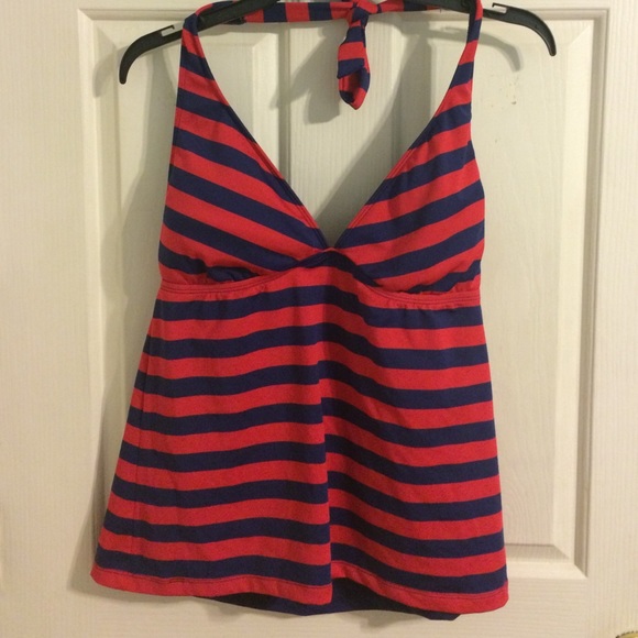 Red and blue striped swim top