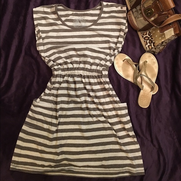 "Poof" brand striped sundress. Cream and tan, sz L