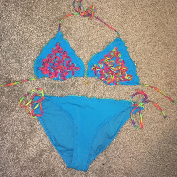 Blue and Multi-Colored Triangle Bikini