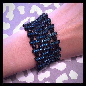 Black beads blue rhinestone bracelet
