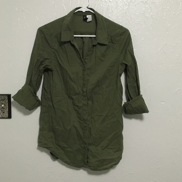 Thin army green button up blouse, size 2, XS or S