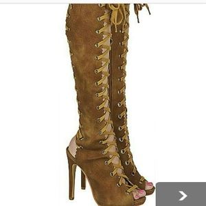 Knee high lace up open toe heels