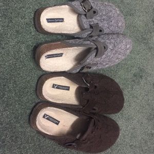 Gray and brown clogs