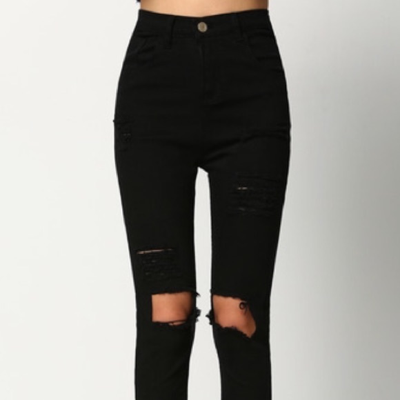 Black denim ripped high waist jeans
