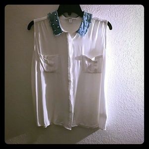 Papaya whit button down with demin collar
