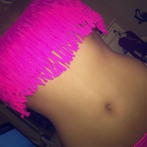 Bright Pink Strapless Fringe Bikini Top💖