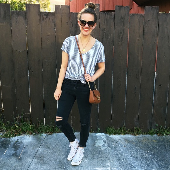 LAST ONE! Black and White Striped Tee - Picture 2 of 4