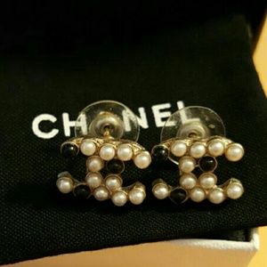 Authentic Chanel Logo Pearl Earrings