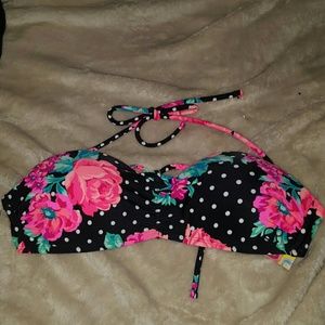 Black Floral Halter Polka Dot Bikini Top